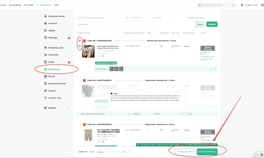 Select items for a parcel in ACBuy