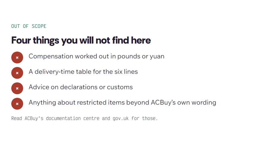 Card listing what the site does not do: calculate compensation, print delivery-time tables, advise on customs declarations or restricted items