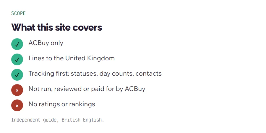 Card stating the site’s scope: ACBuy only, UK lines only, tracking first, independent of ACBuy