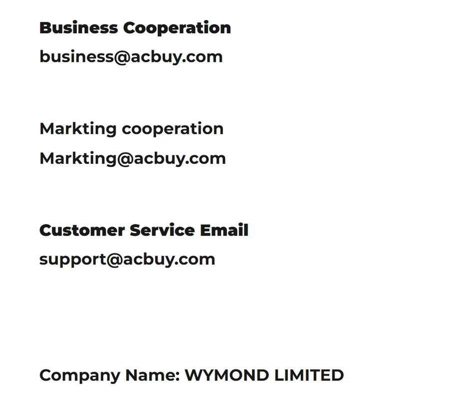 ACBuy Contact Us page listing business, marketing and customer service email addresses and the company name WYMOND LIMITED