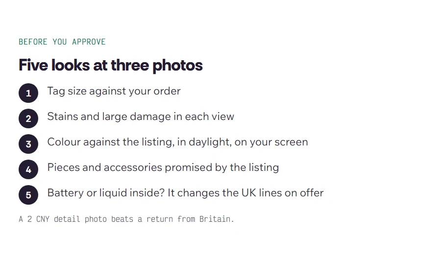 Checklist for reading three QC photos: tag size, stains and damage, colour under daylight, pieces and accessories, battery or liquid