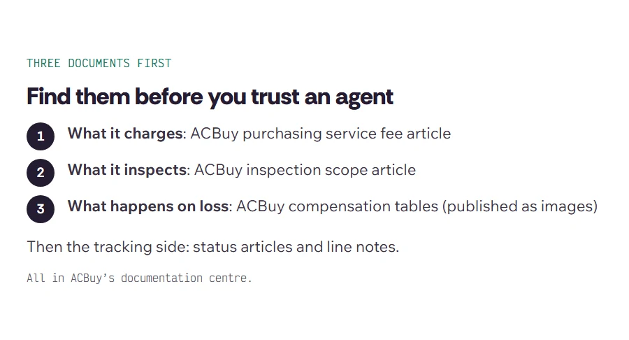 Three documents to find before choosing an agent: charges, inspection scope and loss rules, with where ACBuy publishes each