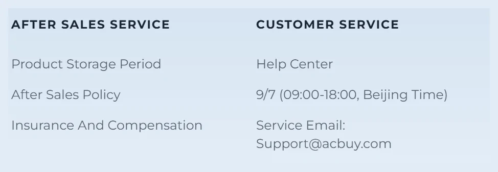 ACBuy site footer listing Help Center, customer service hours 9/7 09:00 to 18:00 Beijing Time and the support email address