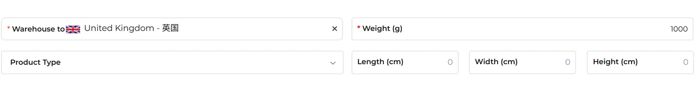 ACBuy shipping estimator form with United Kingdom selected as destination and 1000 g entered as weight