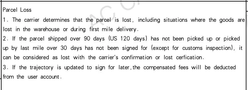 Parcel Loss cell for EMS lines from ACBuy’s insured compensation table, with the 90-day and 30-day conditions