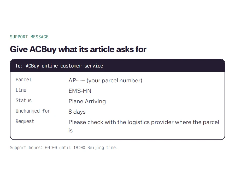 Short message to ACBuy support quoting an AP parcel number, the line, the status and how long it has been unchanged
