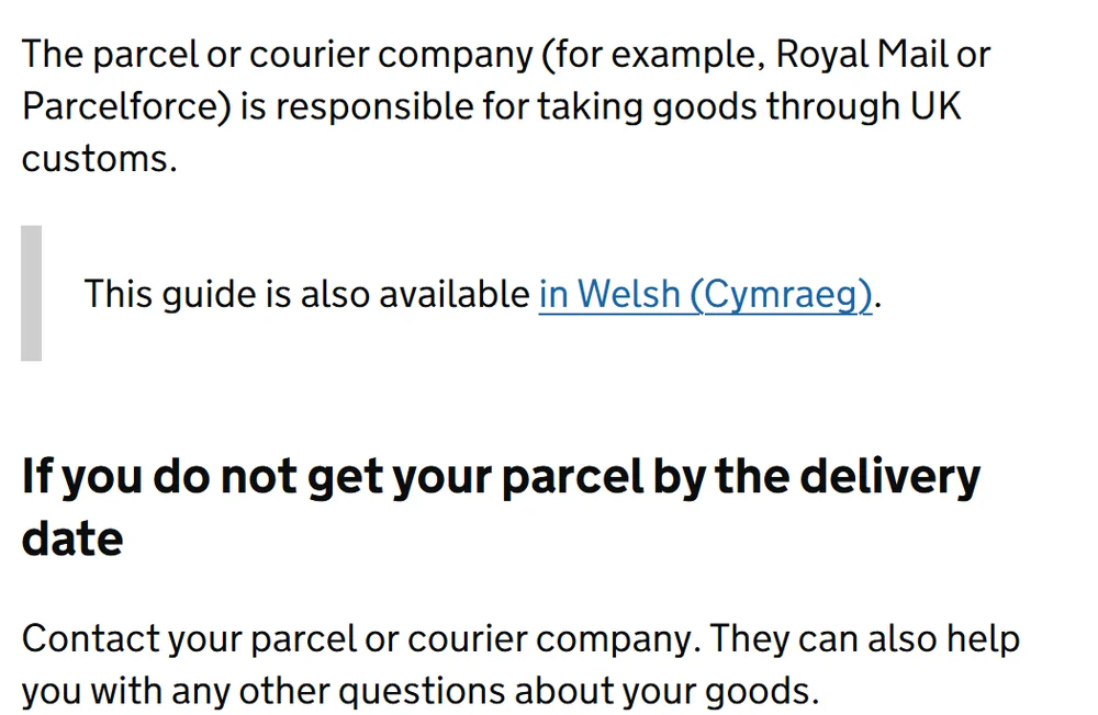 gov.uk overview section naming Royal Mail and Parcelforce as the companies that take parcels through UK customs