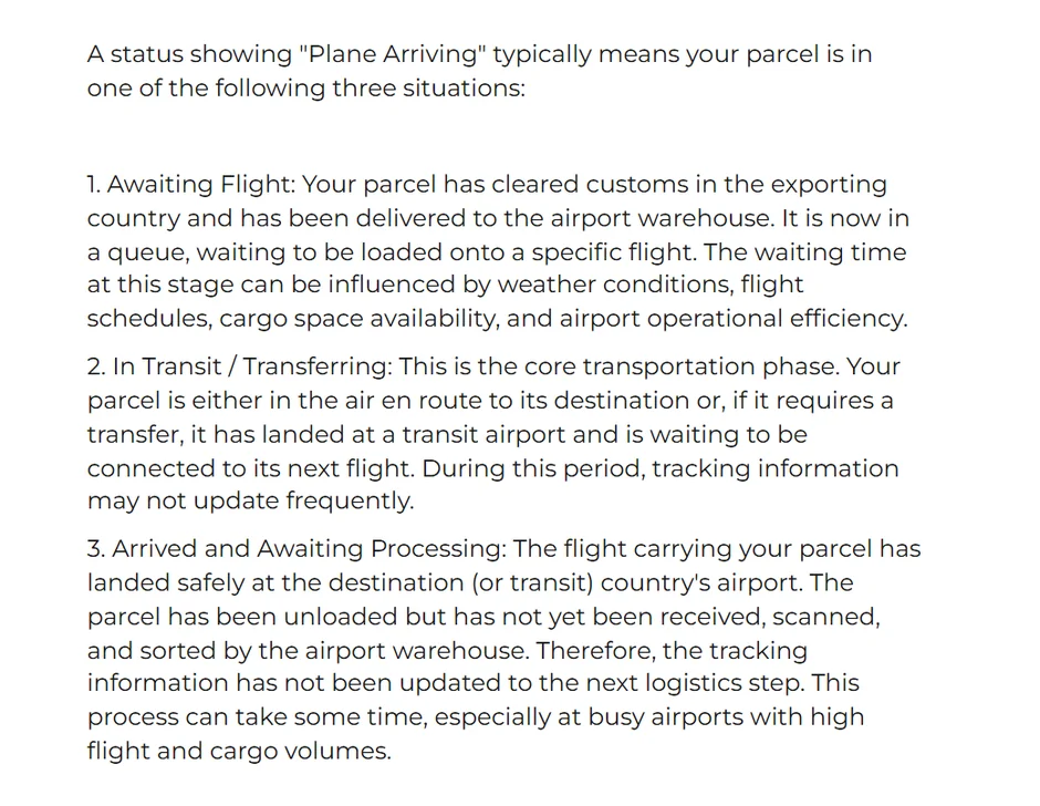 ACBuy article What Does Plane Arriving Mean, listing three situations: awaiting flight, in transit or transferring, arrived and awaiting processing