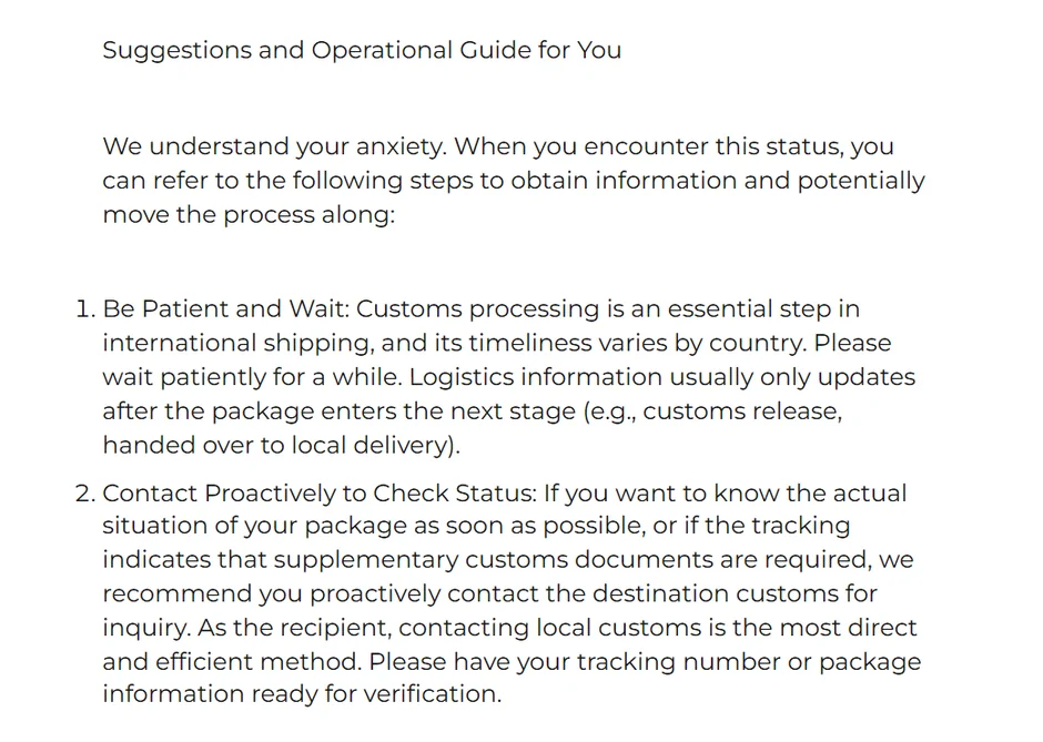 ACBuy article section headed Suggestions and Operational Guide for You, with steps to wait, contact customs, prepare documents and contact support