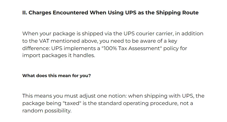 ACBuy Common Customs and Postal Taxes article, section on changes when using UPS and the 100% tax assessment