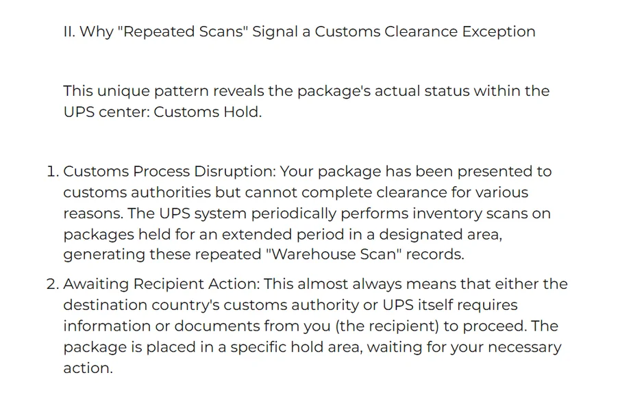 ACBuy article section explaining that repeated scans signal a customs clearance exception and a customs hold awaiting recipient action