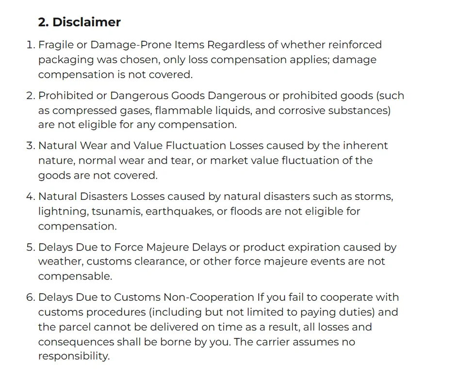 ACBuy Parcel Receiving and Signing Guidelines, disclaimer clauses on force majeure delays and customs non-cooperation