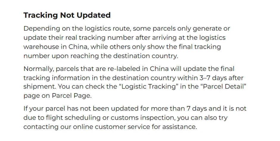 ACBuy documentation page Tracking Not Updated, first paragraph about routes that generate the real tracking number later