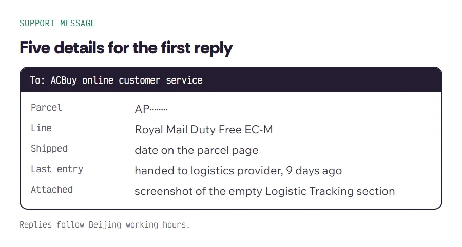 Template message to ACBuy support listing the AP parcel number, line, shipment date, last tracking entry and a screenshot