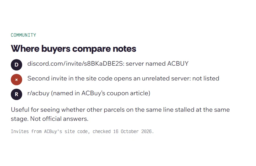 Card listing the ACBuy Discord invitation that opens the server named “ACBUY” and the r/acbuy subreddit, with a note that answers there are not official