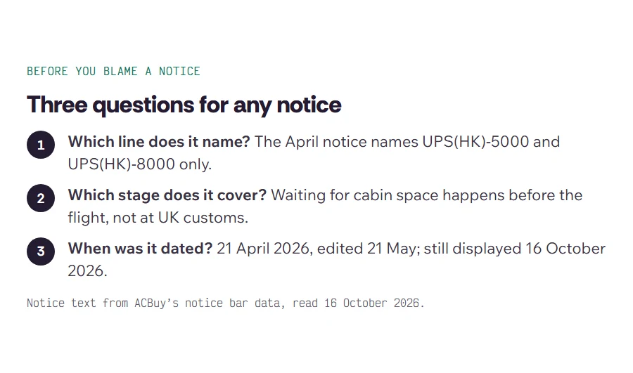 Card with three questions to ask of an ACBuy notice: which line it names, which stage of the trip it covers, and when it was dated